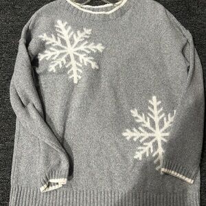 J. Jill Gray and White Crew Neck Sweater with Snowflake Design